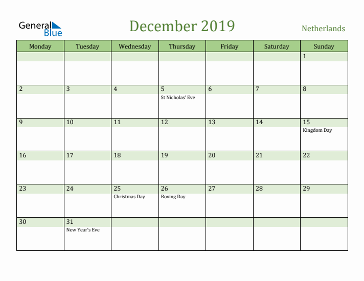 December 2019 Calendar with The Netherlands Holidays