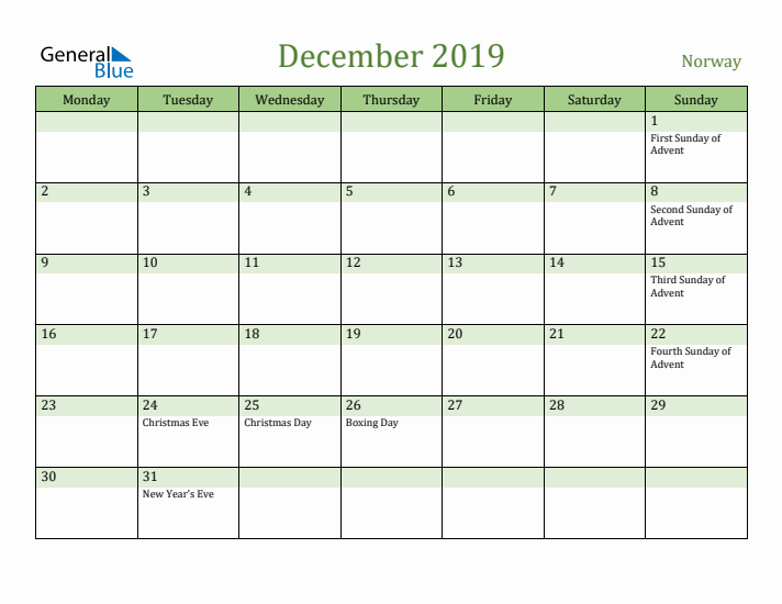 December 2019 Calendar with Norway Holidays