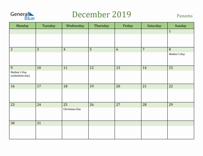 December 2019 Calendar with Panama Holidays