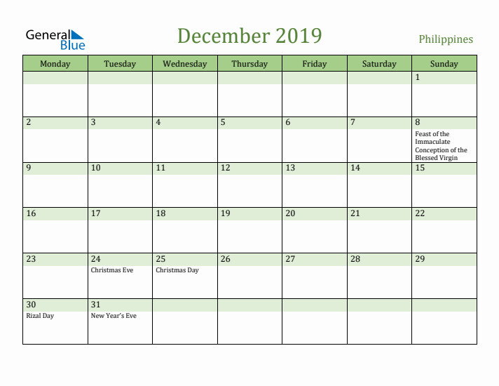 December 2019 Calendar with Philippines Holidays