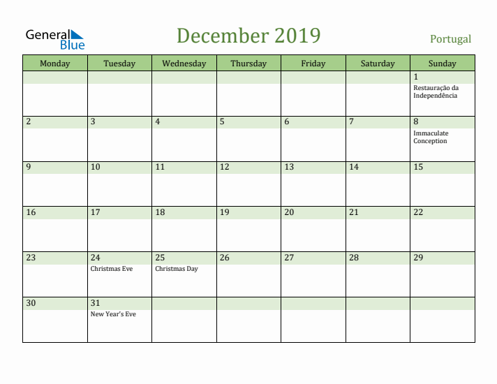 December 2019 Calendar with Portugal Holidays