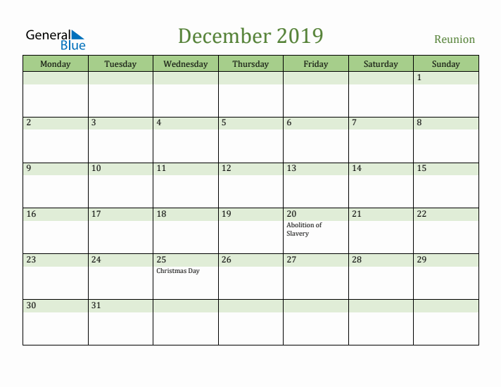 December 2019 Calendar with Reunion Holidays