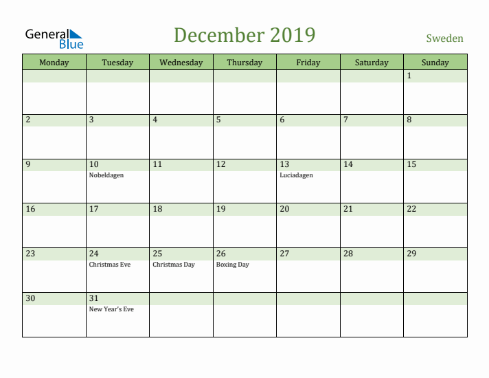 December 2019 Calendar with Sweden Holidays