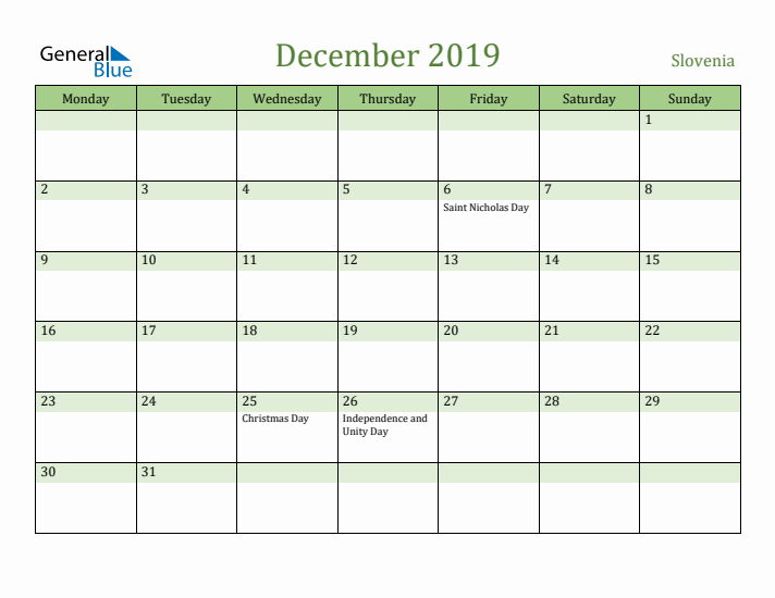 December 2019 Calendar with Slovenia Holidays