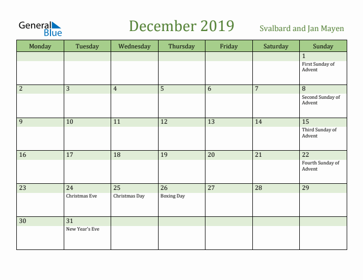 December 2019 Calendar with Svalbard and Jan Mayen Holidays