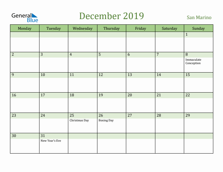 December 2019 Calendar with San Marino Holidays