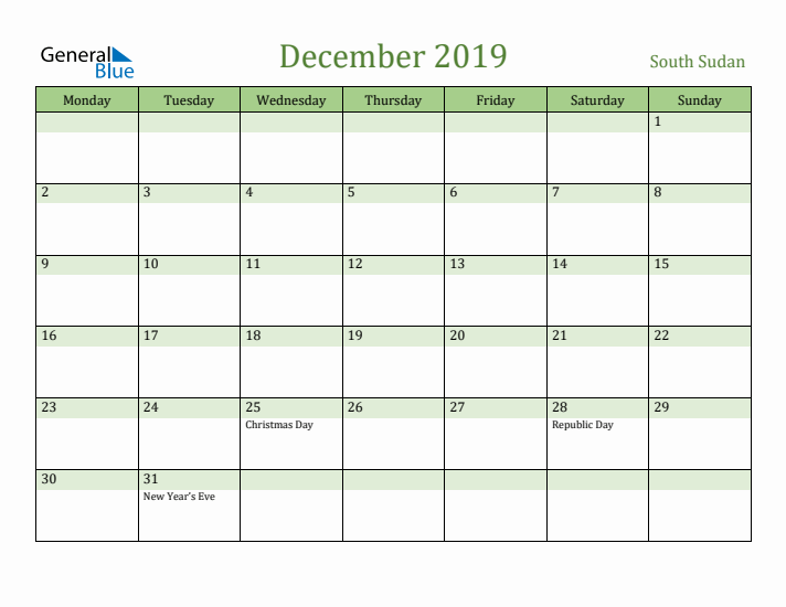 December 2019 Calendar with South Sudan Holidays