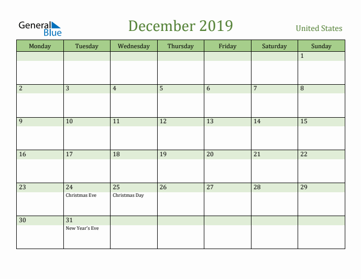 December 2019 Calendar with United States Holidays