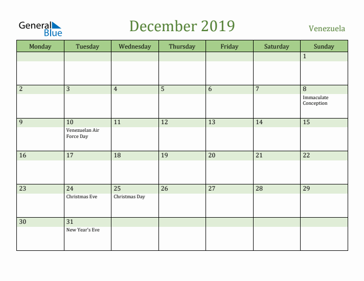 December 2019 Calendar with Venezuela Holidays