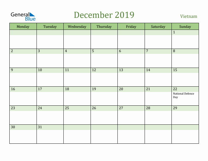 December 2019 Calendar with Vietnam Holidays