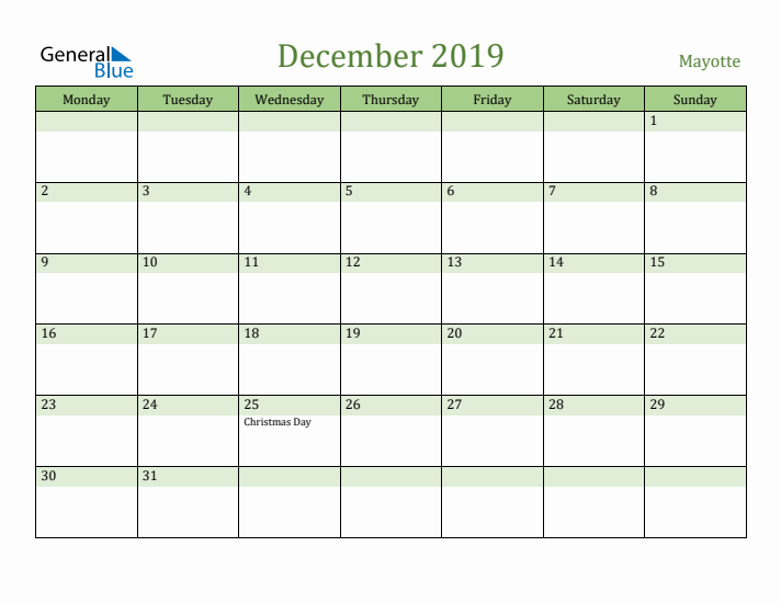 December 2019 Calendar with Mayotte Holidays