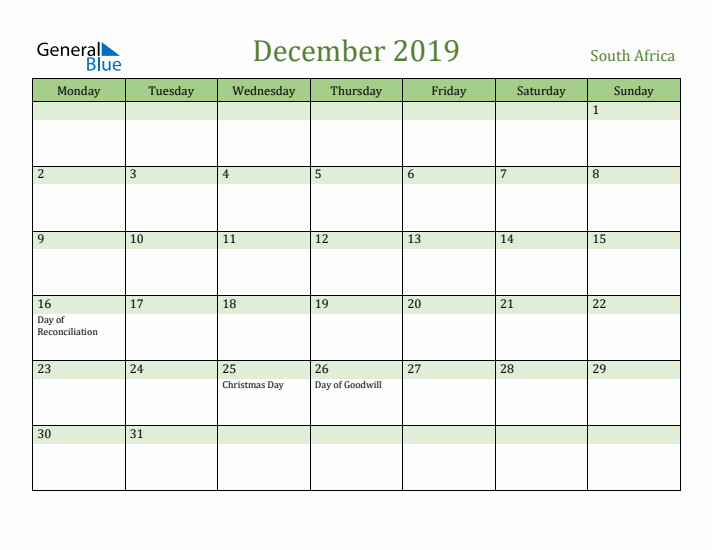 December 2019 Calendar with South Africa Holidays