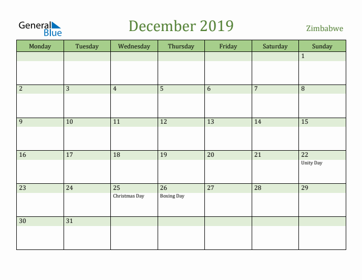 December 2019 Calendar with Zimbabwe Holidays