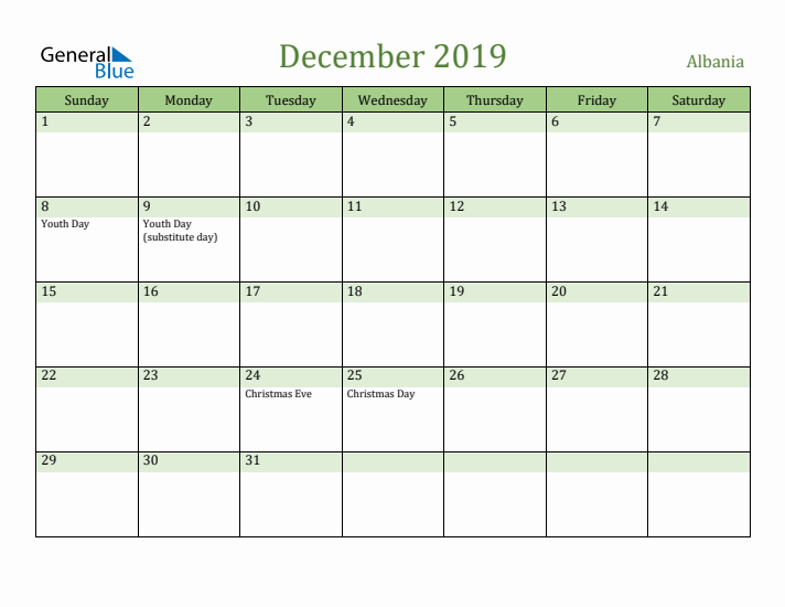 December 2019 Calendar with Albania Holidays