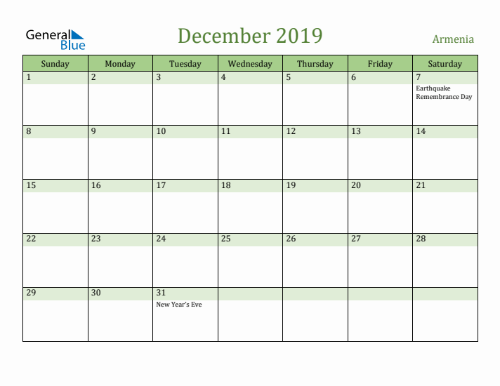 December 2019 Calendar with Armenia Holidays