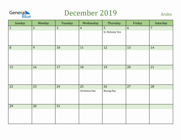 December 2019 Calendar with Aruba Holidays