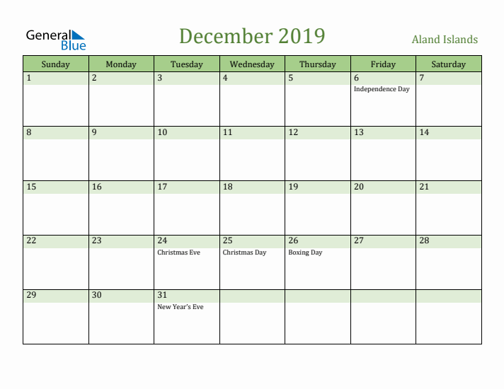 December 2019 Calendar with Aland Islands Holidays