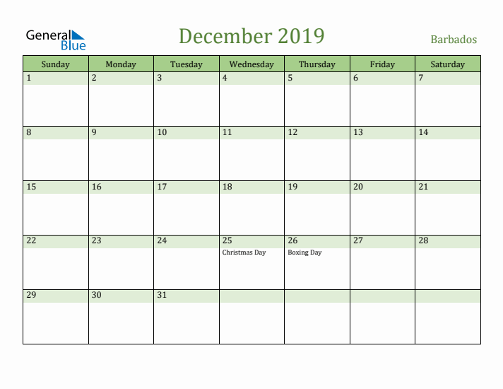 December 2019 Calendar with Barbados Holidays