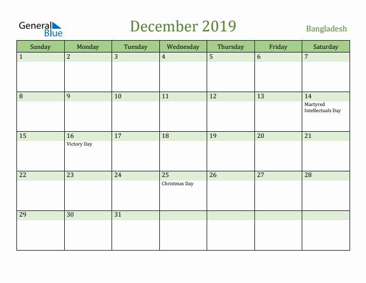 December 2019 Calendar with Bangladesh Holidays