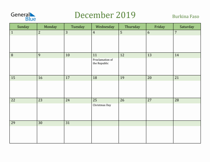 December 2019 Calendar with Burkina Faso Holidays