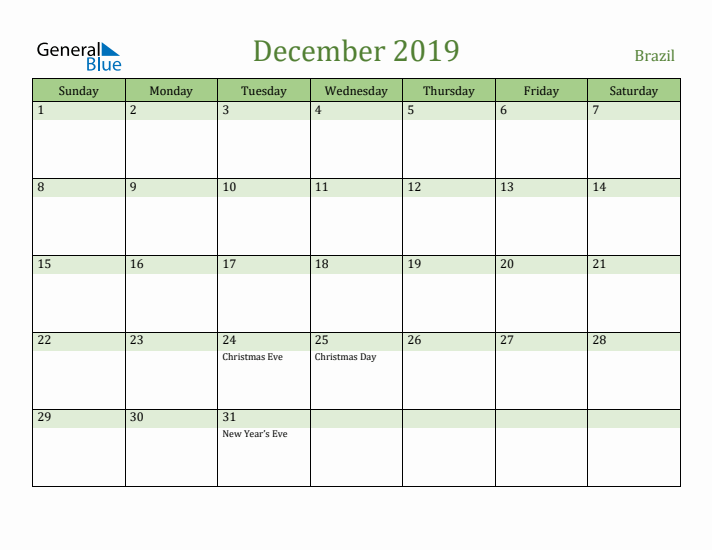 December 2019 Calendar with Brazil Holidays