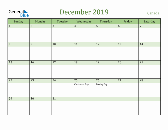 December 2019 Calendar with Canada Holidays