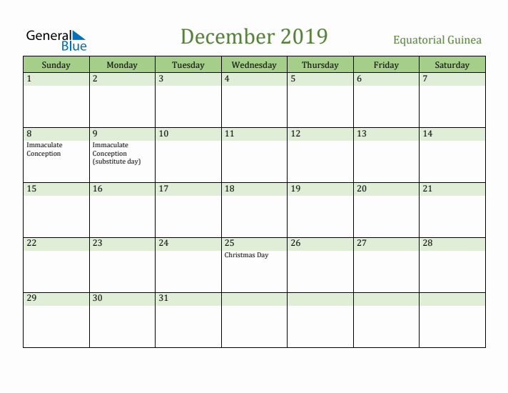 December 2019 Calendar with Equatorial Guinea Holidays