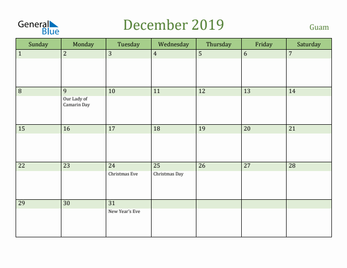December 2019 Calendar with Guam Holidays