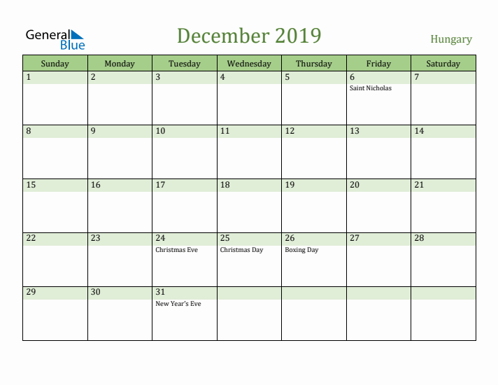 December 2019 Calendar with Hungary Holidays