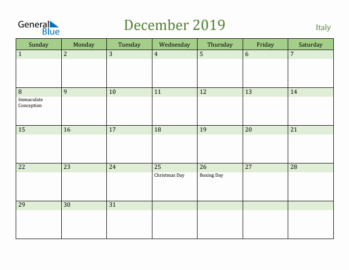 December 2019 Calendar with Italy Holidays