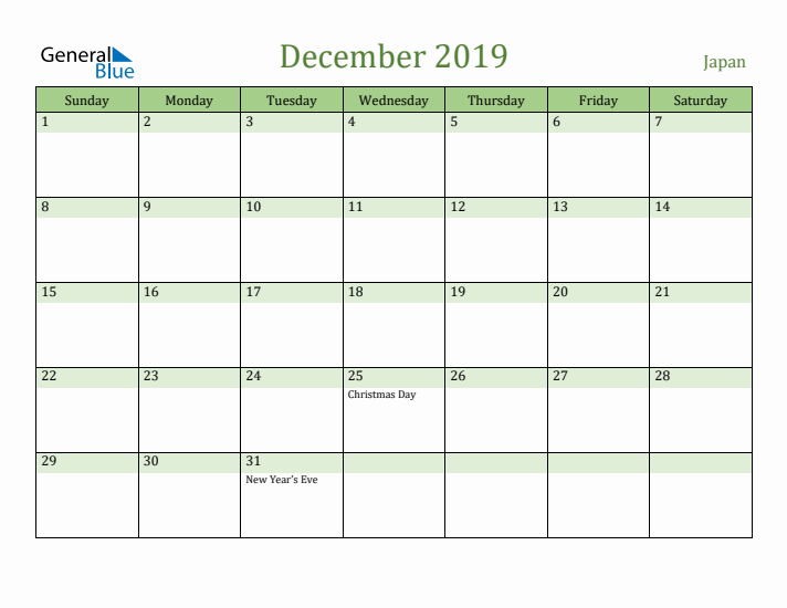 December 2019 Calendar with Japan Holidays