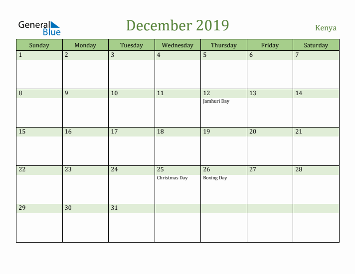 December 2019 Calendar with Kenya Holidays
