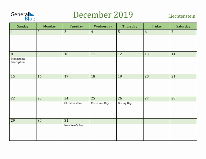 December 2019 Calendar with Liechtenstein Holidays