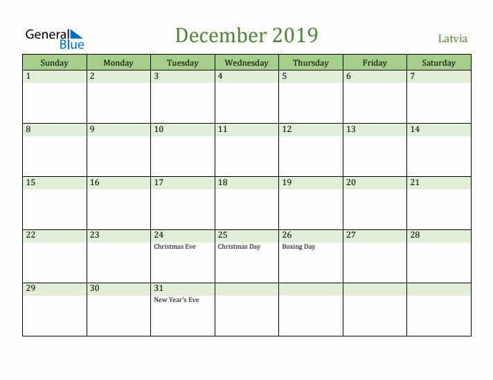December 2019 Calendar with Latvia Holidays