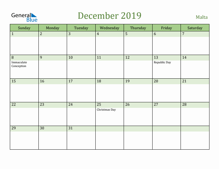 December 2019 Calendar with Malta Holidays