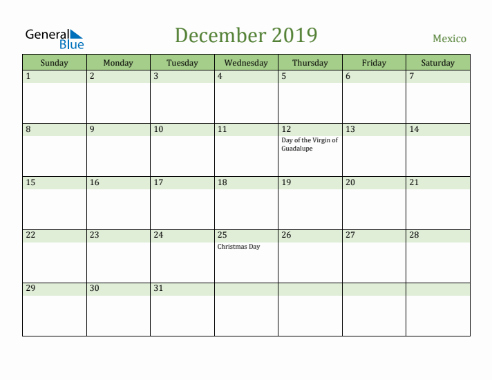 December 2019 Calendar with Mexico Holidays