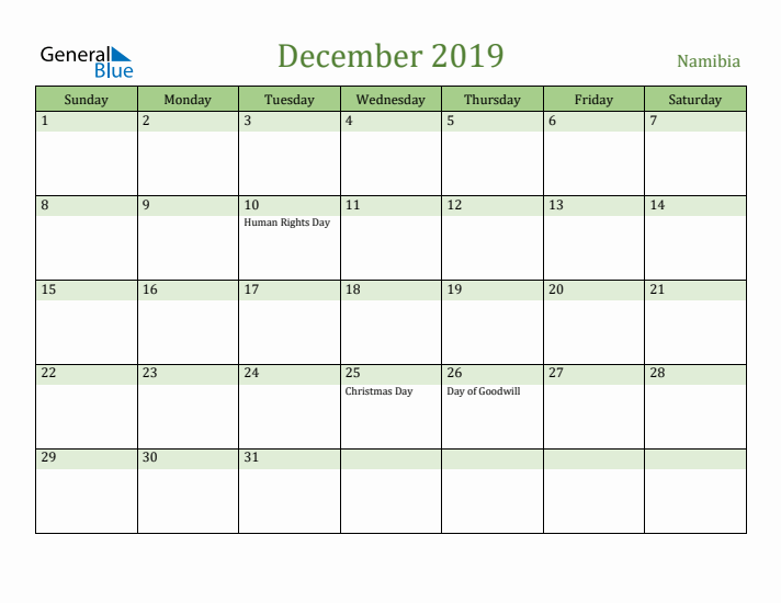 December 2019 Calendar with Namibia Holidays