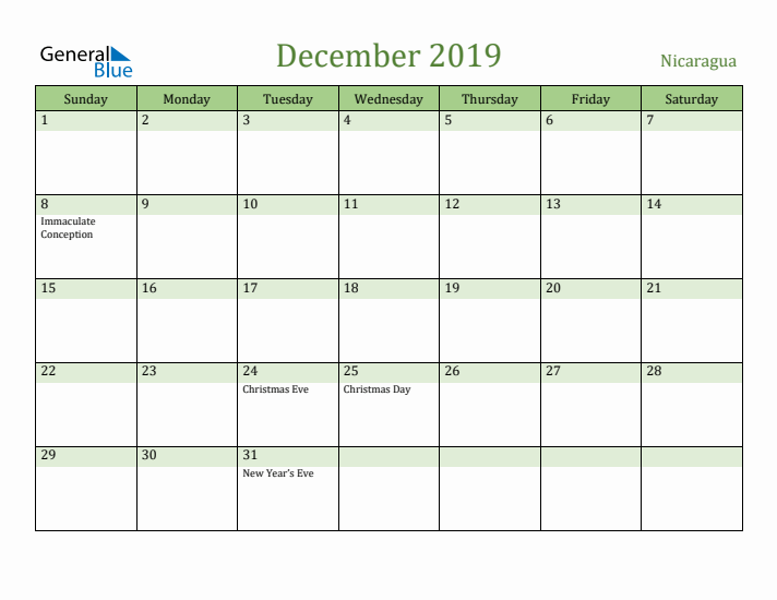 December 2019 Calendar with Nicaragua Holidays