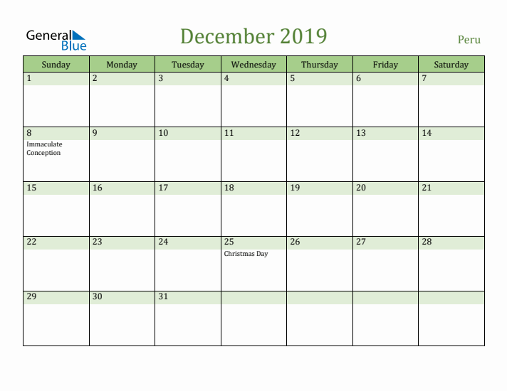 December 2019 Calendar with Peru Holidays