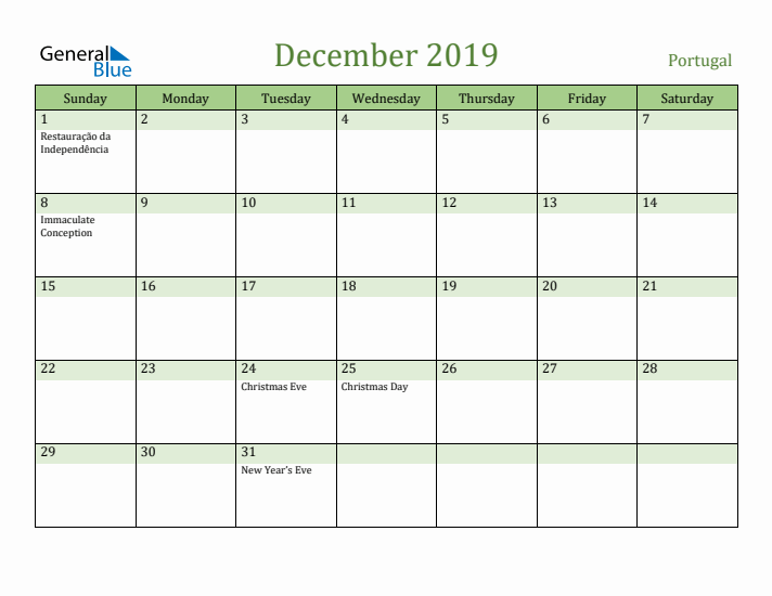 December 2019 Calendar with Portugal Holidays