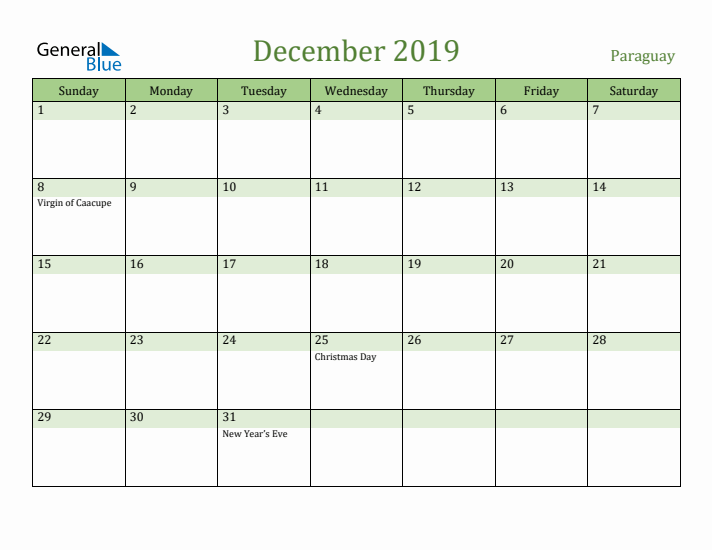 December 2019 Calendar with Paraguay Holidays