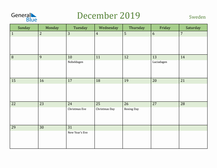 December 2019 Calendar with Sweden Holidays