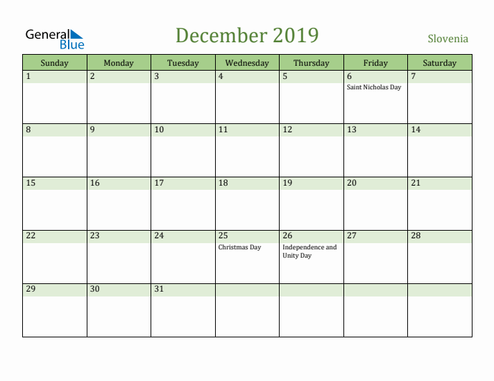 December 2019 Calendar with Slovenia Holidays