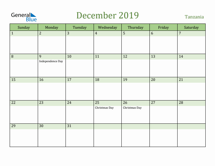 December 2019 Calendar with Tanzania Holidays