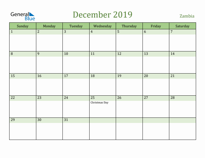 December 2019 Calendar with Zambia Holidays