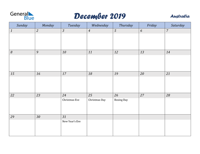 December 2019 Calendar with Australia Holidays