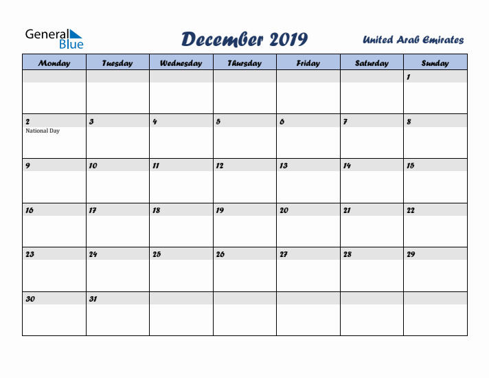 December 2019 Calendar with Holidays in United Arab Emirates