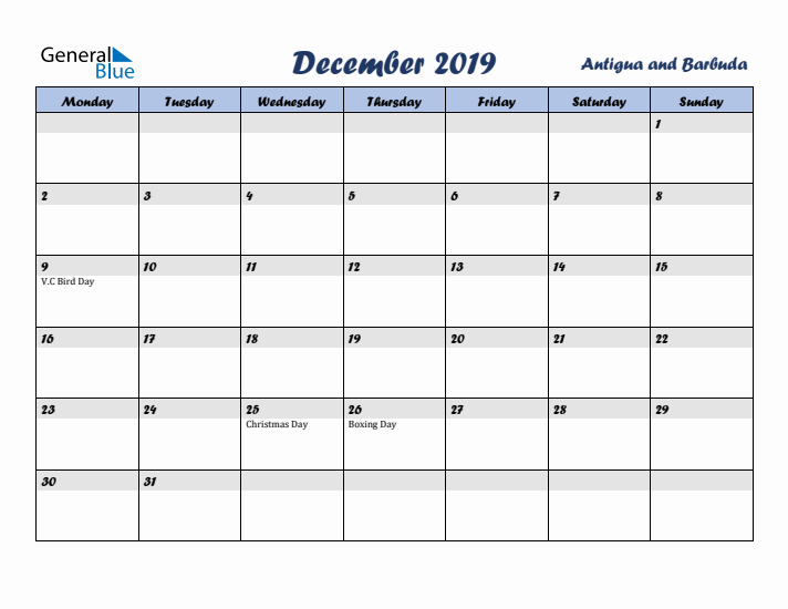 December 2019 Calendar with Holidays in Antigua and Barbuda