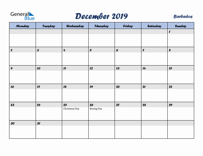 December 2019 Calendar with Holidays in Barbados