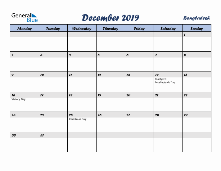 December 2019 Calendar with Holidays in Bangladesh